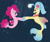 Size: 1024x853 | Tagged: safe, artist:neskers, pinkie pie, princess skystar, earth pony, pony, seapony (g4), g4, bioluminescent, blue mane, bubble, crepuscular rays, dorsal fin, female, fin wings, fins, fish tail, flower, flower in hair, flowing tail, jewelry, lesbian, looking at each other, necklace, ocean, pearl necklace, pink mane, scene interpretation, seaponified, seapony pinkie pie, ship:skypie, shipping, smiling, species swap, tail, underwater, water, wings