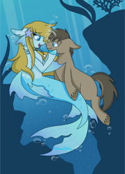 Size: 900x1250 | Tagged: safe, artist:mermaidnerin, oc, oc only, oc:scale shimmer, earth pony, hybrid, merpony, pony, seapony (g4), starfish, blue eyes, bubble, coral, crepuscular rays, dorsal fin, female, fins, fish tail, flowing mane, flowing tail, lidded eyes, looking at each other, male, ocean, open mouth, open smile, seaweed, smiling, stallion, sunlight, swimming, tail, underwater, water