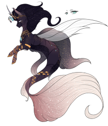 Size: 2268x2644 | Tagged: safe, artist:razi-hell, oc, oc only, alicorn, pony, seapony (g4), auction, colored pupils, colored wings, deviantart watermark, dorsal fin, eyelashes, eyes closed, female, fin wings, fish tail, flowing mane, flowing tail, fusion, high res, horn, jewelry, looking at you, obtrusive watermark, seaponified, simple background, solo, species swap, tail, transparent background, watermark, wings
