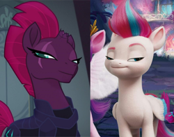 Size: 888x701 | Tagged: safe, screencap, tempest shadow, zipp storm, pegasus, pony, unicorn, g4, g5, my little pony: the movie, broken horn, eye scar, female, horn, lidded eyes, mare, scar, smug, smugzipp