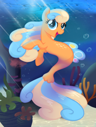 Size: 1536x2048 | Tagged: safe, artist:equinepalette, oc, oc only, oc:shelly shores, earth pony, pony, seapony (g4), blue eyes, bubble, coral, dorsal fin, female, fish tail, flowing mane, flowing tail, looking at you, multicolored hair, multicolored tail, ocean, seaponified, seaweed, smiling, solo, species swap, sunlight, tail, underwater, water