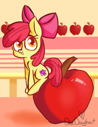 Size: 414x540 | Tagged: safe, artist:docdoughnut, apple bloom, earth pony, pony, g4, apple, apple bloom's bow, bow, cutie mark, female, filly, food, hair bow, looking at you, signature, sitting, smiling, solo