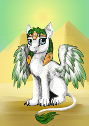 Size: 2480x3508 | Tagged: safe, artist:dalagar, derpibooru exclusive, oc, oc only, oc:mint wellington, sphinx, blue eyes, chest fluff, claws, ear fluff, green mane, high res, leonine tail, male, paws, pyramid, sitting, solo, sphinx oc, spread wings, tail fluff, wing fluff, wings