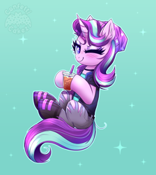 Size: 2683x3000 | Tagged: safe, artist:confetticakez, starlight glimmer, pony, unicorn, g4, beanie, blushing, boots, choker, clothes, cute, ear fluff, equestria girls outfit, female, glimmerbetes, gradient background, hat, high res, holding, iced coffee, jeans, looking at you, mare, one eye closed, pants, ripped jeans, ripped pants, shoes, solo, sparkles, stars, torn clothes, vest, wink