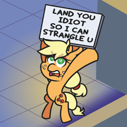 Size: 1748x1740 | Tagged: safe, artist:threetwotwo32232, applejack, earth pony, pony, g4, angry, applejerk, bipedal, female, hatless, implied rainbow dash, mare, missing accessory, open mouth, parody, sign, solo, talespin