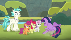 Size: 1920x1080 | Tagged: safe, screencap, apple bloom, scootaloo, sweetie belle, terramar, twilight sparkle, alicorn, earth pony, hippogriff, pegasus, pony, unicorn, g4, season 8, surf and/or turf, apple bloom's bow, bow, butt, cutie mark crusaders, female, filly, hair bow, male, mare, plot, twibutt, twilight sparkle (alicorn)