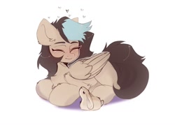 Size: 1024x734 | Tagged: safe, artist:kebchach, oc, oc only, pegasus, pony, rabbit, animal, blushing, chest fluff, eyes closed, heart, lying down, sketch, smiling, solo