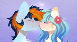 Size: 1024x562 | Tagged: safe, artist:kebchach, oc, oc only, oc:seascape, oc:skysail, pony, blushing, boop, chest fluff, female, flower, flower in hair, heart, male, noseboop, seasail, smiling, straight