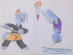 Size: 1280x960 | Tagged: safe, artist:don2602, trixie, pony, unicorn, g4, bipedal, clothes, dagger, diving, goggles, headband, martial arts, pencak silat, smiling, solo, swimsuit, torch, traditional art, weapon