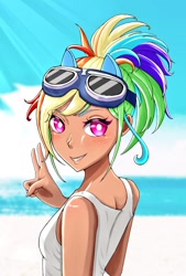 Size: 692x1024 | Tagged: safe, artist:kanrururu7, kotobukiya, rainbow dash, human, g4, beach, clothes, dark skin, goggles, humanized, kotobukiya rainbow dash, peace sign, sleeveless, solo, tank top