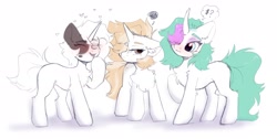 Size: 2048x1032 | Tagged: safe, artist:kebchach, oc, oc only, pony, unicorn, chest fluff, curved horn, eyes closed, hair over one eye, horn, laughing, unamused