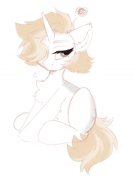 Size: 1032x1375 | Tagged: safe, artist:kebchach, oc, oc only, pony, unicorn, breath, chest fluff, hair over one eye, sketch, solo, unamused