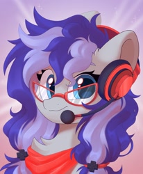 Size: 1684x2048 | Tagged: safe, artist:kebchach, oc, oc only, oc:cinnabyte, earth pony, pony, bust, chest fluff, clothes, commission, glasses, headset, looking at you, scarf, smiling, solo, ych result