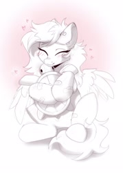 Size: 1463x2048 | Tagged: safe, artist:kebchach, oc, oc only, pegasus, pony, turtle, bandage, bandaid, blushing, cuddling, eyes closed, happy, heart, plushie, sketch, smiling, solo, spread wings, wings