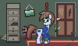 Size: 600x360 | Tagged: safe, artist:nitobit, oc, oc:littlepip, pony, unicorn, fallout equestria, bobby pin, bricks, clothes, destroyed, door, exclamation point, female, jumpsuit, lockpicking, magic, mare, pipbuck, pixel art, rug, screwdriver, spider web, telekinesis, vault suit