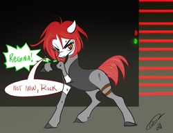 Size: 3518x2720 | Tagged: safe, artist:opalacorn, earth pony, pony, angry, bodysuit, clothes, dialogue, dino crisis, floppy ears, high res, ponified, regina, solo