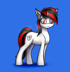 Size: 2079x2141 | Tagged: safe, artist:colourwave, oc, oc only, oc:blackjack, pony, unicorn, fallout equestria, fallout equestria: project horizons, blue background, female, high res, looking at you, mare, red eyes, simple background, sketch, solo