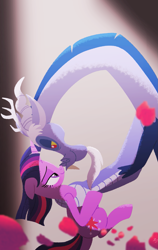 Size: 1217x1921 | Tagged: safe, artist:bearmation, discord, twilight sparkle, alicorn, draconequus, pony, g4, three's a crowd, blue flu, female, looking at each other, male, mare, romantic, rose petals, ship:discolight, shipping, smiling, smiling at each other, straight, twilight sparkle (alicorn)