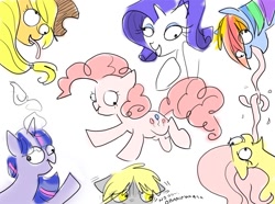 Size: 1331x989 | Tagged: safe, artist:opalacorn, applejack, derpy hooves, fluttershy, pinkie pie, rainbow dash, rarity, twilight sparkle, earth pony, pegasus, pony, unicorn, g4, derp, doodle, female, floppy ears, french kiss, grin, kissing, long tongue, mane six, mare, simple background, sketch, smiling, tongue out, tongue wrestling, unicorn twilight, wat, white background