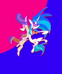 Size: 1730x2048 | Tagged: safe, artist:brdte, dj pon-3, octavia melody, vinyl scratch, earth pony, pony, unicorn, g4, big hair, cartoon, cartoony, crazy face, duo, duo female, exaggerated anatomy, faic, female, hoof on shoulder, mare, midair, needs more saturation, open mouth, simple background, smiling, stylized, tongue out