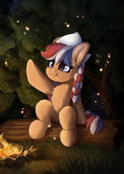 Size: 769x1073 | Tagged: safe, artist:hitbass, oc, oc only, oc:ember (hwcon), pony, campfire, chest fluff, cute, dutch cap, hat, ocbetes, raised hoof, sitting, solo