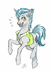 Size: 2784x3900 | Tagged: safe, artist:opalacorn, oc, oc only, oc:lunar signal, bat pony, bat pony unicorn, hybrid, pony, unicorn, clothes, grin, high res, horn, looking at you, raised hoof, safety vest, sharp teeth, smiling, solo, teeth, vest