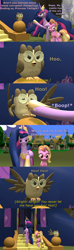 Size: 1920x6480 | Tagged: safe, artist:red4567, luster dawn, twilight sparkle, oc, oc:owlowiscious jr., alicorn, bird, owl, pony, unicorn, g4, the last problem, 3d, boop, comic, dialogue, jewelry, older, older twilight, older twilight sparkle (alicorn), parent:owlowiscious, parody, princess twilight 2.0, regalia, scene parody, source filmmaker, subtitles, the owl house, twilight sparkle (alicorn)