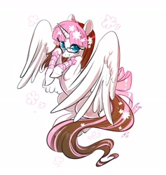 Size: 2744x2897 | Tagged: safe, artist:opalacorn, oc, oc only, alicorn, pony, arm wraps, blushing, bow, flower, flower in hair, glasses, high res, looking at you, smiling, solo, spread wings, tail bow, wings