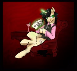 Size: 2194x2001 | Tagged: safe, artist:opalacorn, oc, oc only, oc:gamble, pony, unicorn, semi-anthro, fallout equestria, fallout equestria: red 36, ace of spades, alcohol, arm hooves, armchair, chair, clothes, commission, deck of cards, fanfic art, glass, high res, lidded eyes, looking at you, magic, male, martini, martini glass, necktie, playing card, shirt, sitting, smiling, smug, solo, stallion, table, telekinesis, underhoof, vest