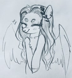 Size: 1894x2048 | Tagged: safe, artist:opalacorn, oc, oc only, oc:void, pegasus, pony, beanbrows, blushing, chest fluff, ear piercing, earring, eyebrows, eyes closed, happy, jewelry, laughing, piercing, sketch, smiling, solo, spread wings, traditional art, wings