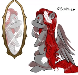 Size: 1409x1357 | Tagged: safe, artist:opalacorn, oc, oc only, oc:void, pegasus, pony, ear piercing, earring, eyes closed, happy, jewelry, mirror, nose piercing, nose ring, piercing, scar, smiling, solo, spread wings, wings