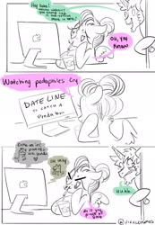 Size: 1417x2048 | Tagged: safe, artist:opalacorn, oc, oc:void, pegasus, pony, unicorn, comic, computer, dialogue, drink, drinking straw, heart eyes, nervous, sketch, smiling, spread wings, sweat, to catch a predator, wingding eyes, wings