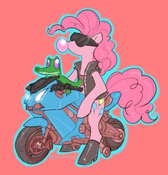 Size: 1743x1813 | Tagged: safe, artist:opalacorn, gummy, pinkie pie, alligator, earth pony, pony, g4, bipedal, boots, bubblegum, clothes, duo, food, gum, motorcycle, shoes, sunglasses, tank top, vest