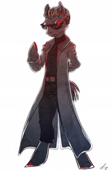 Size: 1344x2048 | Tagged: safe, artist:opalacorn, earth pony, semi-anthro, albert wesker, arm hooves, clothes, coat, frown, glowing eyes, looking at you, pants, resident evil, solo, sunglasses