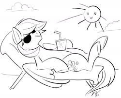 Size: 2028x1628 | Tagged: safe, artist:opalacorn, oc, oc only, pegasus, pony, beach chair, chair, drink, sketch, smiling, solo, sun, sunglasses