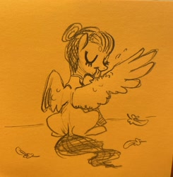 Size: 2006x2048 | Tagged: safe, artist:opalacorn, oc, oc only, oc:void, pegasus, pony, eyes closed, feather, grooming, high res, preening, sketch, smiling, solo, spread wings, tongue out, traditional art, wings