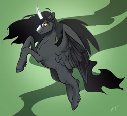 Size: 2048x1864 | Tagged: safe, artist:opalacorn, oc, oc only, alicorn, pony, black sclera, curved horn, flying, horn, looking at you, smiling, solo, spread wings, wings