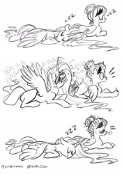 Size: 1433x2048 | Tagged: safe, artist:opalacorn, oc, oc only, oc:obsidian (m00n13aby), oc:void, alicorn, pegasus, pony, breath, comic, crying, duo, eyes closed, neck vein, nightmare, onomatopoeia, screaming, sketch, sleeping, sound effects, spread wings, sweat, tired, wings, zzz