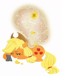 Size: 1660x2048 | Tagged: safe, artist:opalacorn, applejack, pear butter, earth pony, ghost, pony, undead, g4, flower, flower in hair, flower petals, pear butter's ghost, picture, sad, smiling, stars