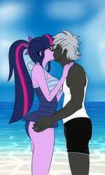 Size: 1500x2500 | Tagged: safe, artist:chuyryu, sci-twi, twilight sparkle, oc, oc:lee enfield, equestria girls, g4, beach, breasts, canon x oc, clothes, equestria girls-ified, kissing, sand, sci-twi swimsuit, swimsuit