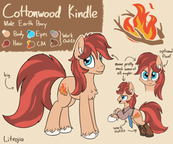 Size: 2400x2000 | Tagged: safe, artist:litrojia, oc, oc only, oc:cottonwood kindle, earth pony, pony, apron, big tail, boots, chest fluff, clothes, cutie mark, ear fluff, earth pony oc, high res, looking at you, male, reference sheet, shirt, shoes, smiling, smiling at you, stallion, unshorn fetlocks