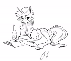 Size: 2048x1742 | Tagged: safe, artist:opalacorn, oc, oc only, oc:parch well, pony, unicorn, book, bottle, frown, lidded eyes, looking at you, lying down, ribs, skinny, solo, thin