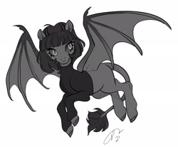 Size: 2048x1698 | Tagged: safe, artist:opalacorn, oc, oc only, oc:pansy, bat pony, pony, black sclera, clothes, flying, leonine tail, solo, spread wings, sweater, tail, turtleneck, wings