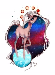 Size: 1520x2048 | Tagged: safe, artist:opalacorn, oc, oc only, earth pony, pony, dock, ethereal mane, galaxy mane, lidded eyes, planet, solo, tangible heavenly object, traditional art