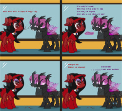 Size: 1560x1423 | Tagged: safe, artist:wheatley r.h., derpibooru exclusive, oc, oc only, oc:lara, oc:red widow, changeling, earth pony, pony, comic:still hungry, angry, changeling oc, chunkling, cigarette, eyeshadow, female, gem, glasses, glowing horn, hat, horn, hungry, magic, magic aura, makeup, mare, pink changeling, purple eyeshadow, reflection, stomach noise, telekinesis, vector, watermark
