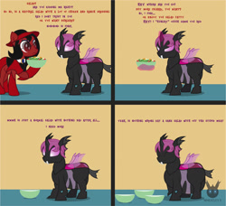 Size: 1560x1423 | Tagged: safe, artist:wheatley r.h., derpibooru exclusive, oc, oc only, oc:lara, oc:red widow, changeling, earth pony, pony, comic:still hungry, angry, bowl, changeling oc, chunkling, eyeshadow, fat, female, food, gem, glowing horn, happy, horn, magic, makeup, mare, pink changeling, purple eyeshadow, salad, telekinesis, vector, watermark, weight gain