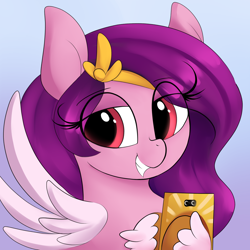 Size: 2000x2000 | Tagged: safe, artist:illusion, pipp petals, pegasus, pony, g5, adorapipp, cellphone, cute, female, high res, mare, phone, red eyes, red-eyed pipp, smartphone, smiling, smug, solo, unshorn fetlocks
