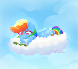 Size: 1270x1138 | Tagged: safe, artist:zowzowo, rainbow dash, pegasus, pony, g4, blue sky, book, cloud, comfortable, comfy, cute, daring do book, happy, lying down, lying on a cloud, no pupils, on a cloud, reading, solo, three quarter view
