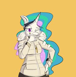 Size: 2150x2176 | Tagged: safe, artist:skunkstripe, princess celestia, anthro, g4, clothes, coat, fur collar, goggles, high res, winter outfit, zipper