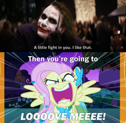 Size: 2000x1953 | Tagged: safe, edit, edited screencap, screencap, fluttershy, pegasus, pony, g4, season 1, the best night ever, angry, caption, clothes, dress, female, flutterrage, gloves, heath ledger, knife, mare, open mouth, text, the dark knight, the joker, trenchcoat, yelling, you're going to love me